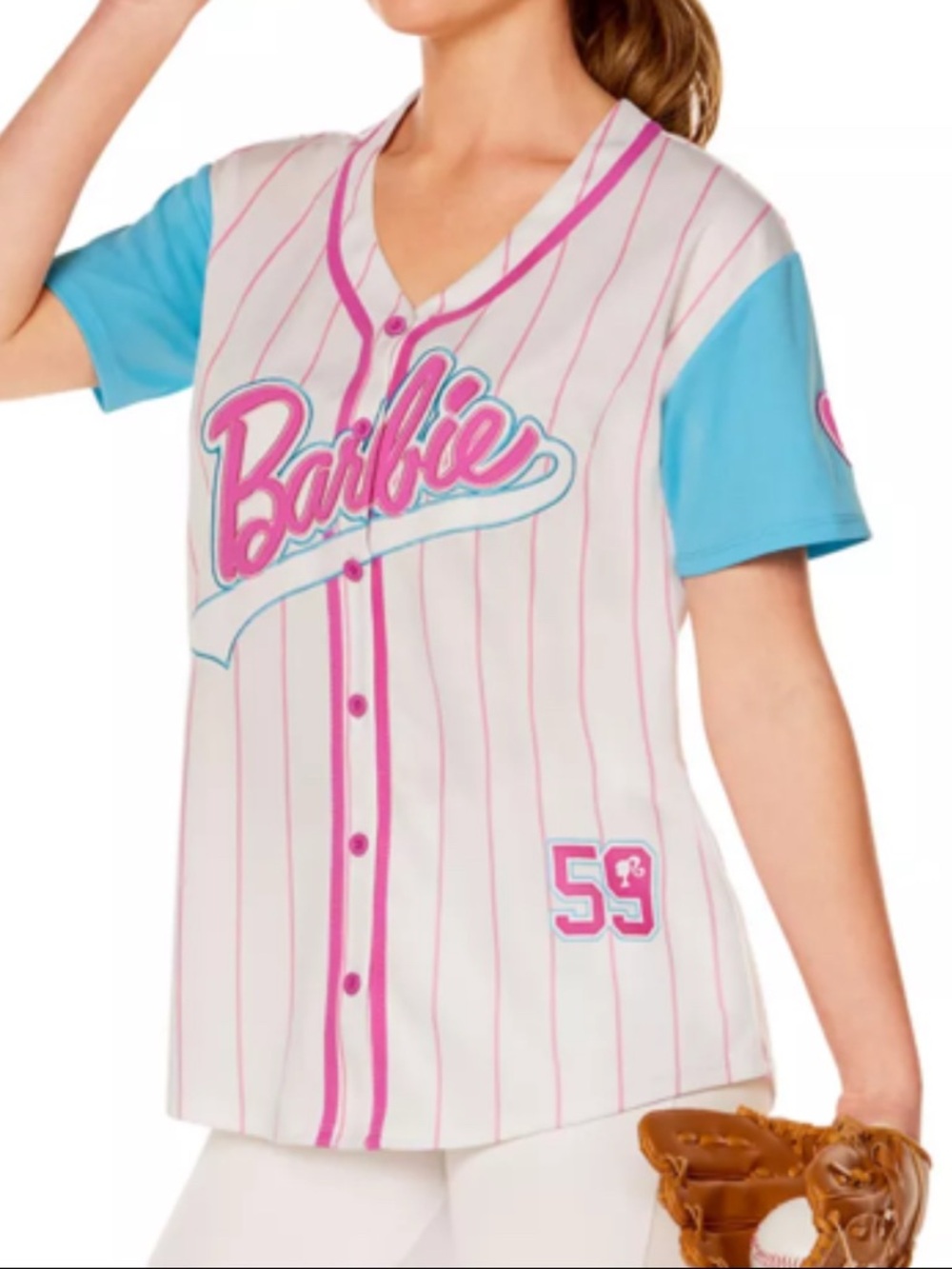 Spirit Barbie White Pinstripe Baseball Jersey with Pink Trim & Blue Sleeves